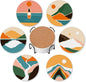 Boho Sunset Sunrise Mountain Set of 6 Coasters for Drinks Absorbing Round Ceramic Stone Coaster with Cork Base,Tabletop Protection Mat for Mugs and Cups,Office,Kitchen