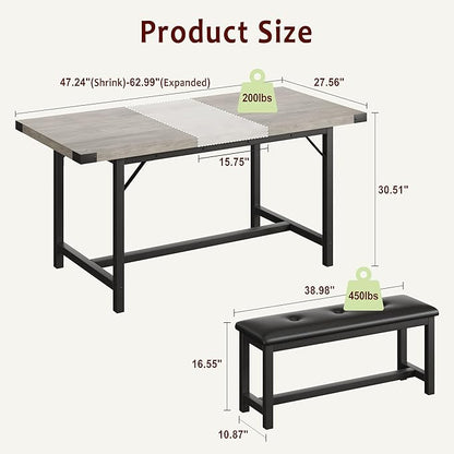 IDEALHOUSE 3-Piece Dining Table Set for 4-6 People, 63" Large Extendable Kitchen Table Set w 2 Soft Benches, Easy Assembly, Space Saving for Apartment, Small Space, Gray