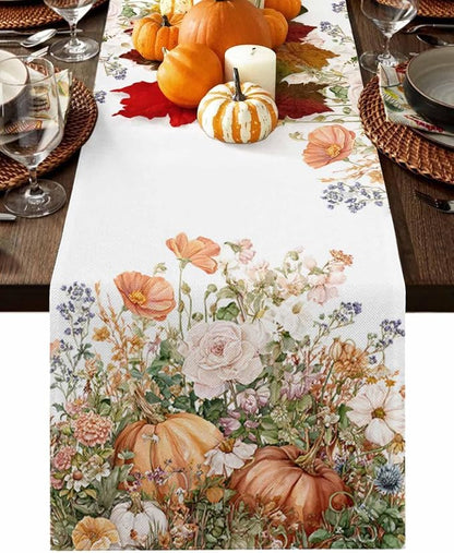 Fall Windflowers Pumpkin Short Table Runners 48 Inches, Cotton Linen Fabric by Edwiinsa