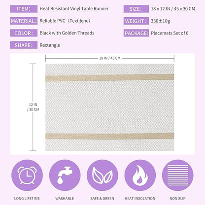 FAVE Placemats Set of 4 White Placemats Woven with Golden Thread Durable Vinyl Placemats Table Mats Set of 4 for Wedding, Banquet, Birthday, Party, Restaurant Decorations(White, 12"x18"-4PCS)