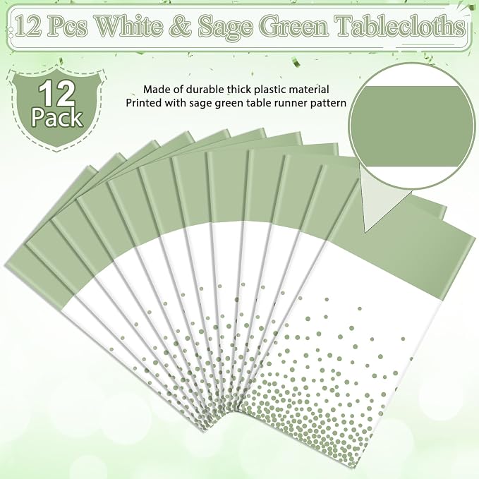12Pcs White and Sage Green Tablecloth Decorations, Plastic White Table Cloth - Image 4