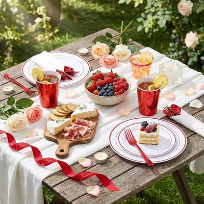 WELLIFE 350 Pcs Red Plastic Plates for 50 Guests - Plastic Dinnerware Set,Valentines Party Supplies Includes 100 Red Plates,150 Silverware,50 Napkins,50 Cups, Valentines Plates