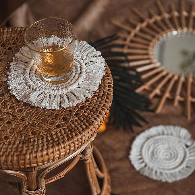 Boho Coasters Set of 2, Elegant Woven Cotton Drink Coasters, Handmade Macrame - Image 4