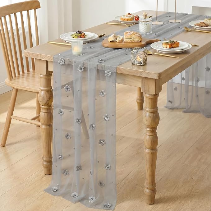 Artoid Mode Gray Flower Pearl Gray Gauze Table Runner 10FT, Seasonal Sheer - Image 3