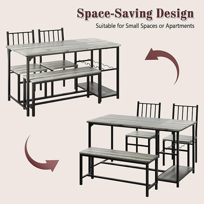 4 EVER WINNER Dining Room Table Set for 4, 55" Kitchen Table Set with Storage Shelf, Wine Rack & Wine Glasses Holder, Dining Table for 4 with Chairs and Bench for Dining Room, Kitchen, Grey