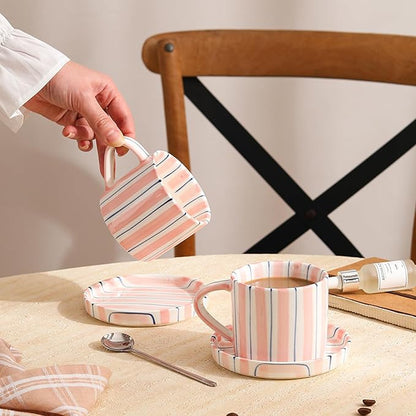 Hand-Painted Ceramic Coffee Mug and Saucer Set, 8 oz Artisan Striped Porcelain - Image 6