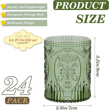 Qinyoung 24 Plastic Vintage Drinking Glasses 8.5oz Stemless Retro Embossed Wine - Image 3