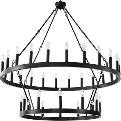 48 Inch Large Black Wagon Wheel Chandelier,2 Tier 36-Lights Farmhouse Industrial Country Style Round Pendant Light Fixture for Outdoor Porch high Ceilings Living Dining Room Foyer Entryway