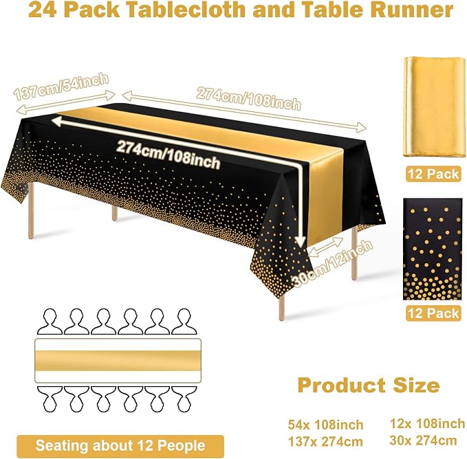 24Pack Disposable Plastic Tablecloths and Satin Table Runner Set Black Gold Dot - Image 2