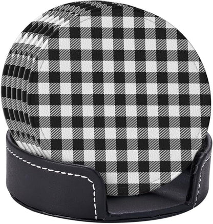 6 Pcs Black White Striped Plaid Leather Coasters - Image 3