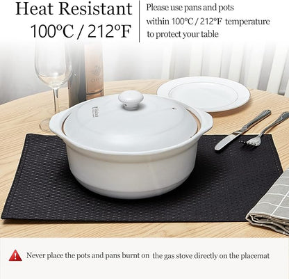 Place Mats Set of 8 – Rectangle Rectangular Waterproof Fabric Polyester Cloth Washable Wipeable Heat Resistant Placemats for Kitchen Dining Dinner Table Indoor 13 x 19 Inch Black