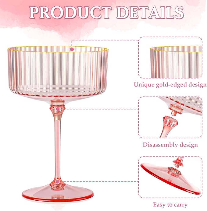 12 PCS Ribbed Coupe Glasses Pink Plastic Champagne Coupe Cup 10oz Detachable Gold Rim Espresso Martini Glass Vintage Margarita Glassware Cocktail Glass for Wedding Bachelorette Party