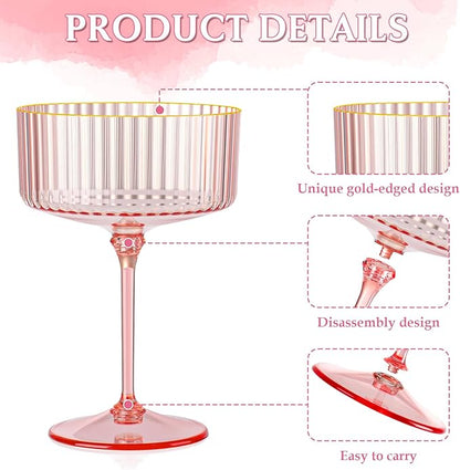 12 PCS Ribbed Coupe Glasses Pink Plastic Champagne Coupe Cup 10oz Detachable Gold Rim Espresso Martini Glass Vintage Margarita Glassware Cocktail Glass for Wedding Bachelorette Party