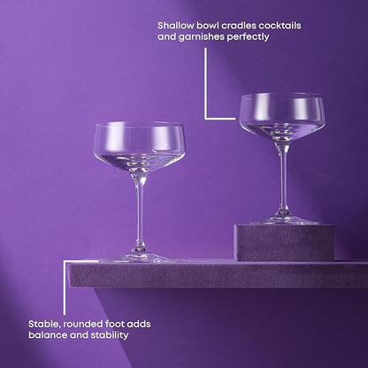 JoyJolt Sidney Cocktail Coupe Glasses Set of 4 | 8 oz Martini Glasses for Espresso Martini, Margarita, Champagne | Stemmed Bar Glass Set | Premium Crystal Made in Europe