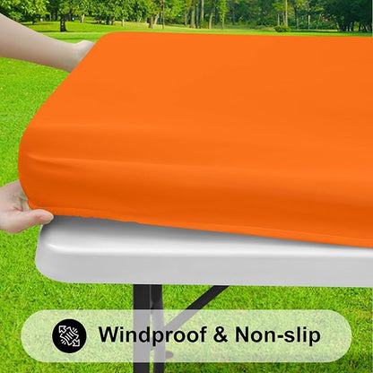 Smiry Rectangle Tablecloth, Elastic Fitted Flannel Backed Vinyl Tablecloths for 8ft Folding Tables, Waterproof Wipeable Table Covers for Indoor, Outdoor, Picnic and Camping (Orange, 30"x96")
