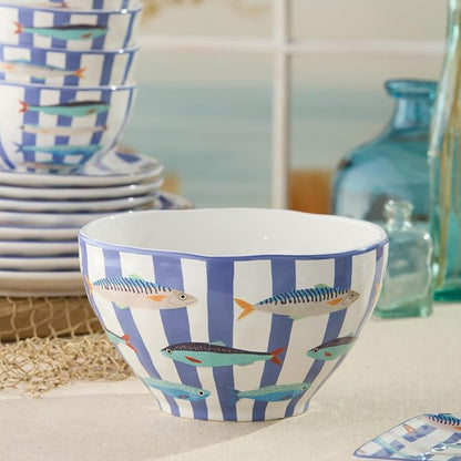 Something Fishy Ceramic DEEP SERVING BOWL 9 x 5 Inches, coastal striped serving - Image 2