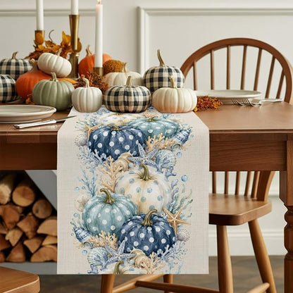 Blue Pumpkins Table Runners 72 Inches Long, Fall Thanksgiving Cotton Linen - Image 9