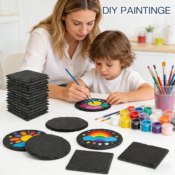 24 Pcs Slate Coasters, 4 inch Black Stone Coaster Set, Square，Round | Perfect - Image 4