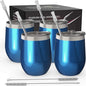 CHILLOUT LIFE 12 oz Stainless Steel Wine Tumblers 4 Pack - Double Wall Vacuum Insulated Wine Glasses Cups with Lids and Straws Set Keeping Cold & Hot for Coffee, Beer, Ice Cream - Blue Sparkle