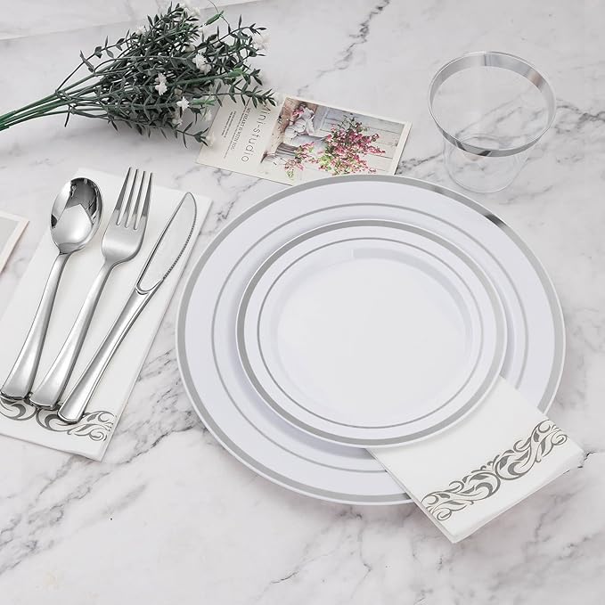 BESTVIP 350 PCS Silver Dinnerware Set for 50 Guests, Plastic Dinnerware Set for Party, Wedding, Christmas, Halloween, Include: 100 Plastic Plates, 50 Silver Silverware, 50 Cups, 50 Paper Napkins