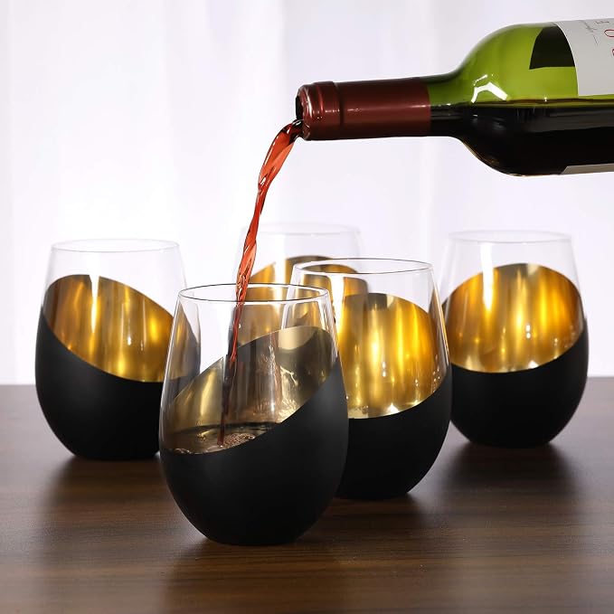 MyGift Modern Matte Black and Gold Tilted Design Stemless Wine Glasses Tumblers - Image 3