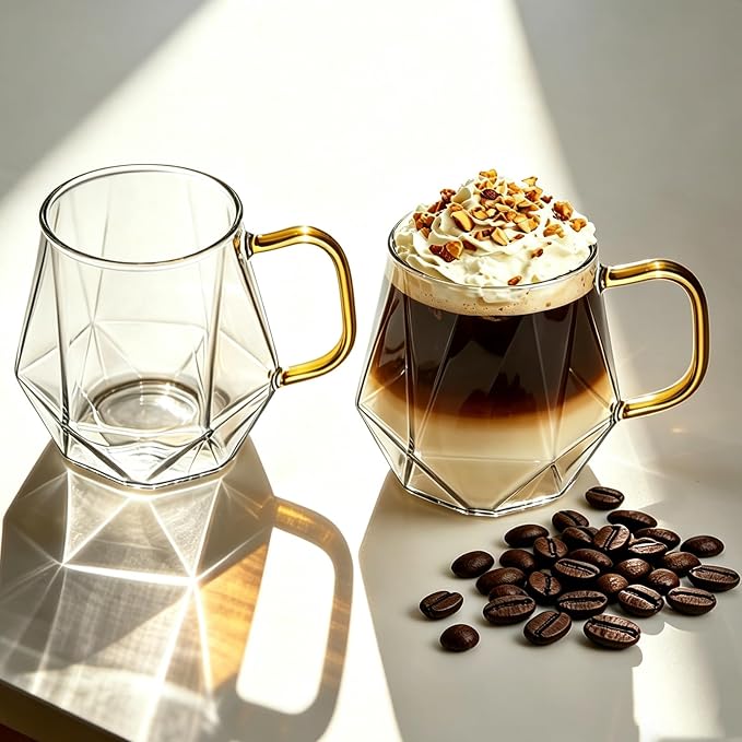 Glass Coffee Mugs with Gold Handle, 12 oz / 350 ml, Heat Resistant, Cappuccino by TONNALIShowerCurtainLiner