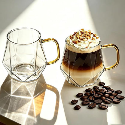 Glass Coffee Mugs with Gold Handle, 12 oz / 350 ml, Heat Resistant, Cappuccino by TONNALIShowerCurtainLiner
