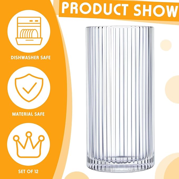 Zhehao 12 Pcs Ribbed Drinking Glasses Set 12 oz 14 oz Glass Cups Vintage - Image 4
