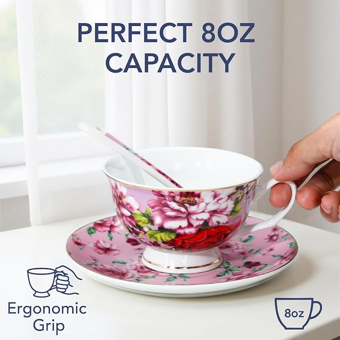 BTaT- Tea Cups and Saucers, Floral Design, Porcelain Tea Cup Sets, Dishwasher - Image 3