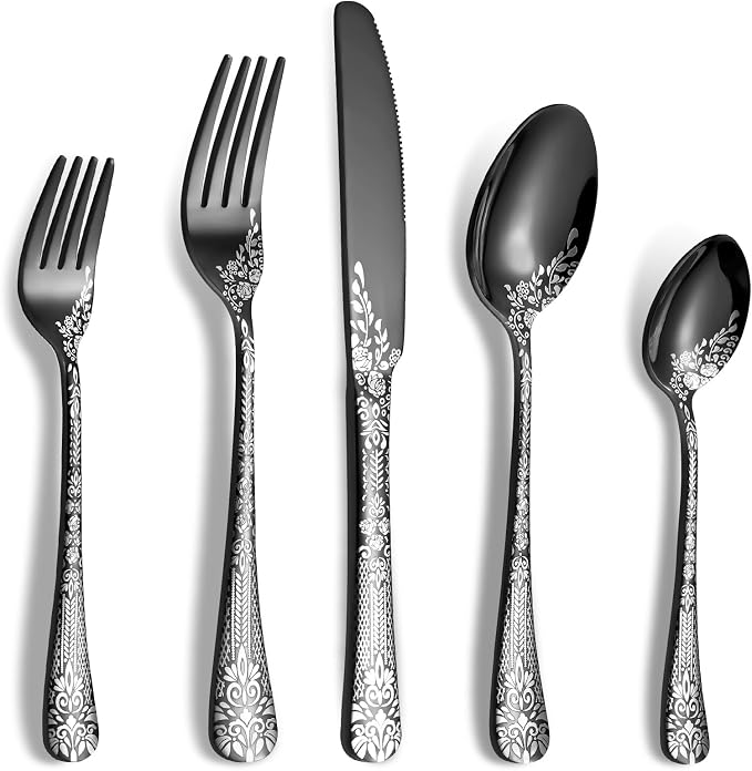 40 Piece Black Silverware Set, Stainless Steel Flatware Cutlery Set Service by Remoxye