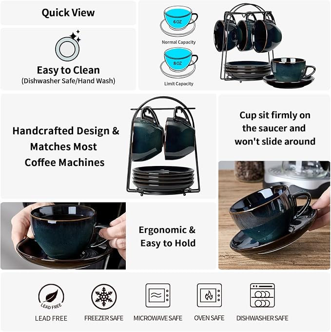 Stackable Cappuccino Cup Set of 4 Activated Glazed Ceramic Coffee Cup | - Image 7