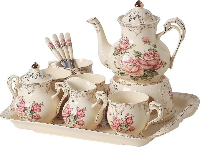 Ceramic Tea Set, 4 Cups and Spoons, One Sugar Bowl, One Milk Kettle, One by OptmAVth