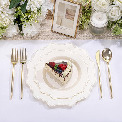 COLOSUS 60pcs Ivory Plastic Plates -Elegant Plastic Plates,Heavy Duty Cream Disposable Plates for Party Include 30 pcs Dinner Plate and 30 pcs Dessert Plate for Wedding/birthday/baby shower