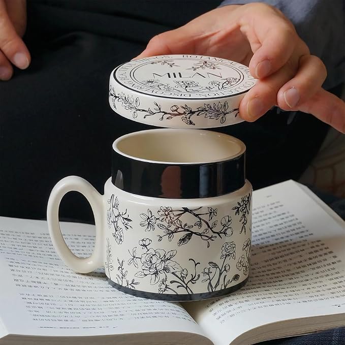 12.9oz Ceramic Coffee Mug with Lid, Flower Patterned Porcelain Mug, Ceramic Tea - Image 5