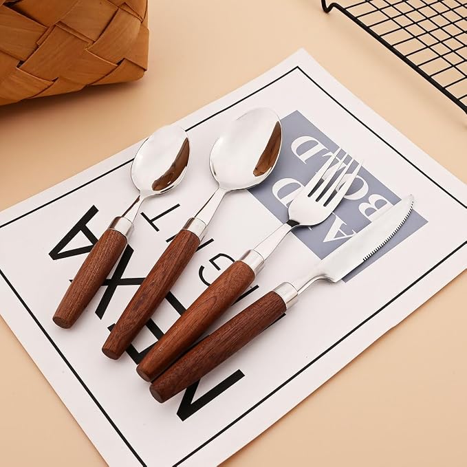 16-Piece Wooden Handle Silverware Set, BRIIEC 304 Stainless Steel Flatware Set - Image 6