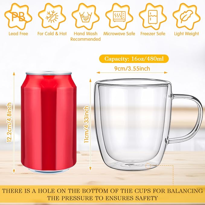 Patelai Glass Coffee Mugs Set of 4, 16 oz Clear Double Walled Coffee Cups - Image 2