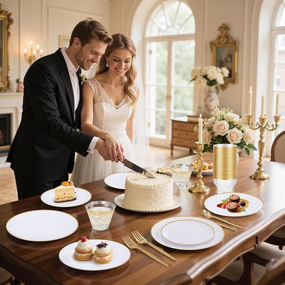 bUCLA 150PCS White and Gold Plastic Plates Disposable - 25 Guests Gold Dinnerware Set - Include 25 Each (Dinner & Dessert) Plates, 25 Knives, 25 Forks, 25 Spoons & 25 Cups for Party