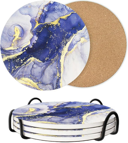 8 Inch Trivets for Hot Dishes, Pots and Pans, Marble Style Ceramic Trivet with Holder, Heat Resistant Hot Plate Mats for Countertops, Table, Home Essentials, Farmhouse Decor, Set of 3