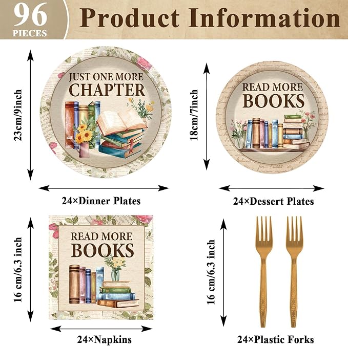 96Pcs Reading Theme Party Supplies Read More Books Paper Plates and Napkins - Image 2