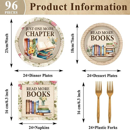 96Pcs Reading Theme Party Supplies Read More Books Paper Plates and Napkins - Image 2