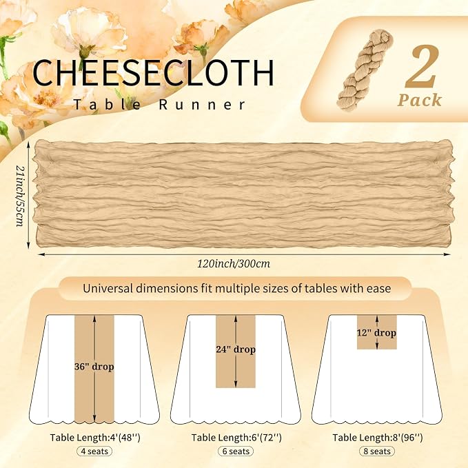 Showgeous 2 Pack Nude Cheesecloth Table Runners Boho Wedding Decor | Rustic - Image 2