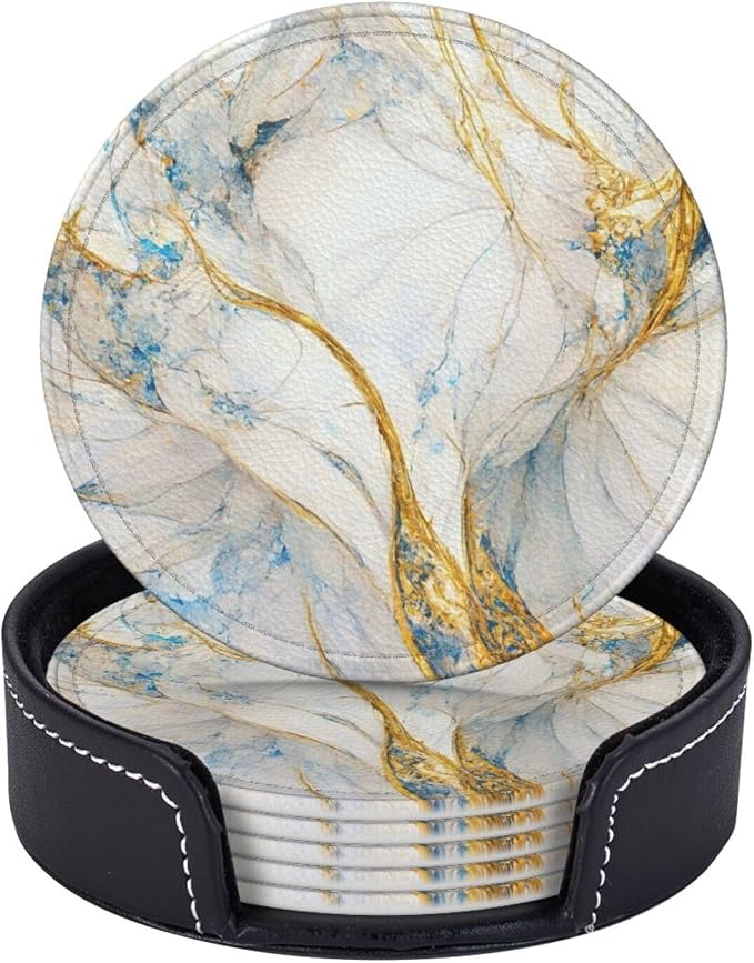 6 Pcs Abstract Luxury Blue Gold White Colors Marble Leather Coasters by CAPVKING