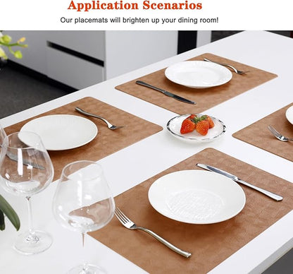 Vinyl Placemats Set of 4 Heat Resistant Easy Clean Non-Slip Place Mats for Dining Table Faux Leather Waterproof Stain Resistant Wipeable Washable PVC Table Mats(4, Light Brown)