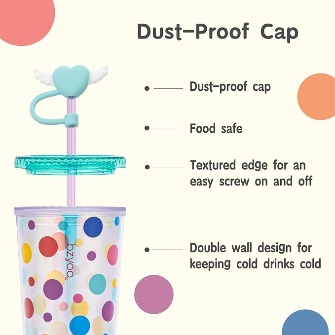 bzyoo 24 oz SIP Tumbler with Heart-Shaped w/Wing Straw Cap Cover– Cute DotDot - Image 5