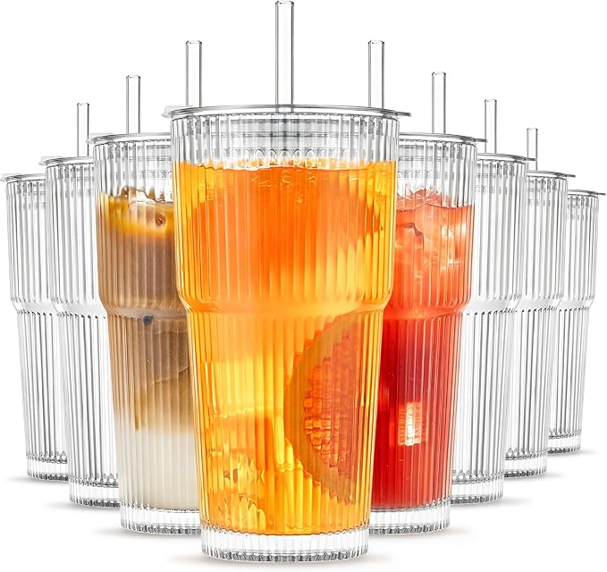 INSETLAN 8-Piece Glassware Set – 20 oz Ribbed Glass Tumblers by INSETLAN