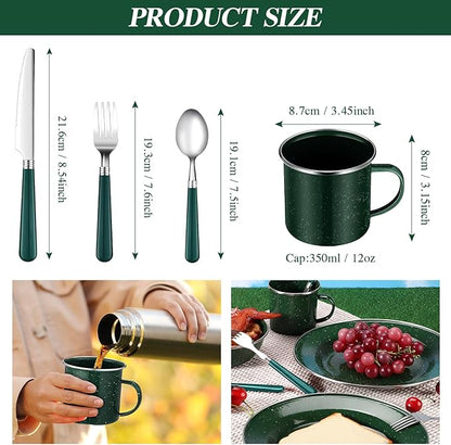 Nuogo 12 Pcs Enamel Camping Tableware Set Dinnerware Kit Includes 12 oz Coffee Mugs Camping Plates Bowls and Utensils Set with Knife Fork Spoon for 2 People Hiking Picnic Outdoor