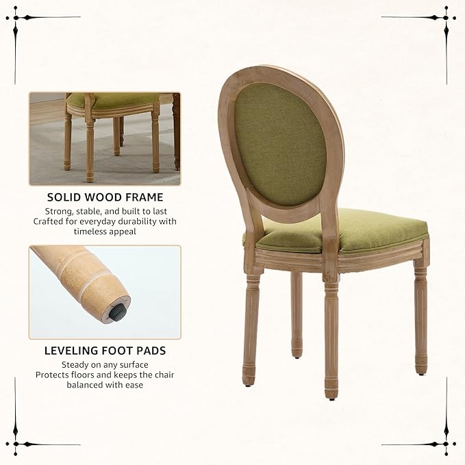 Vintage French Dining Chairs Set of 4, Round Back Upholstered Accent Chairs in Linen Fabric with Solid Wood Frame, Farmhouse Sillas de Comedor for Dining Room & Kitchen, Olive Green