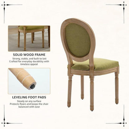 Vintage French Dining Chairs Set of 2, Round Back Upholstered Accent Chairs in Linen Fabric with Solid Wood Frame, Farmhouse Sillas de Comedor for Dining Room & Kitchen, Olive Green