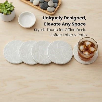 Ceramic Absorbent Coasters Set of 6 with Holder, Marble Drink Coasters for Coffee Table, Water-Absorbing Stone Coasters (Green Leaf Design)