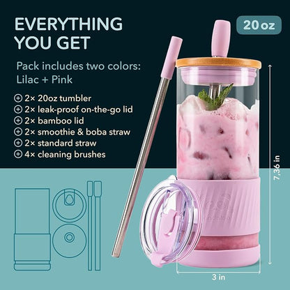 Pandaloo® Glass Cups With Lids and Straws -20 Fl Oz- Perfect Size Iced Coffee - Image 2